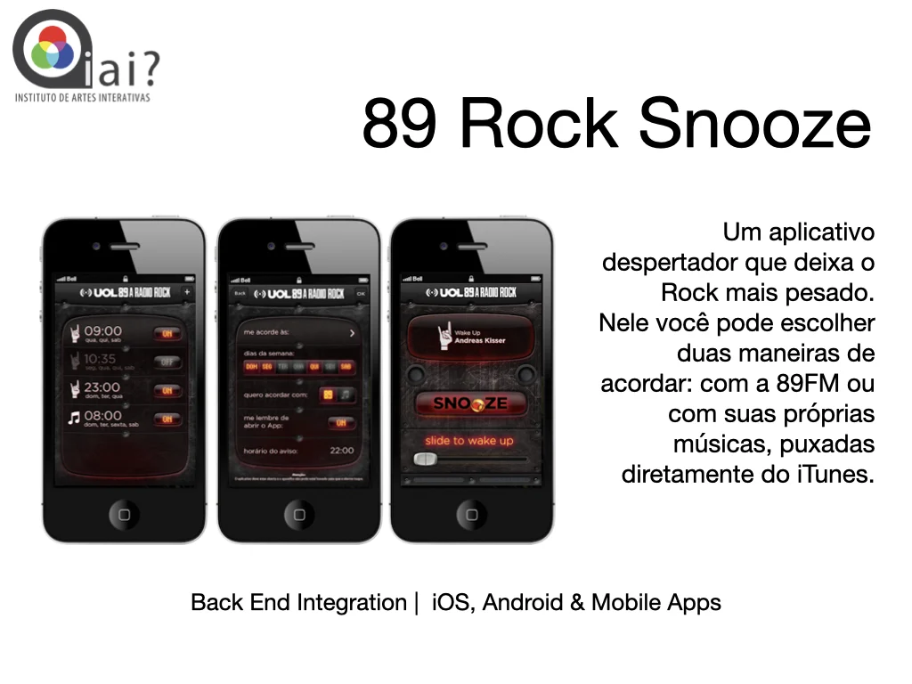 Portfolio slide for the 89 Rock Snooze alarm clock app on iPhone with radio streaming and iTunes integration.