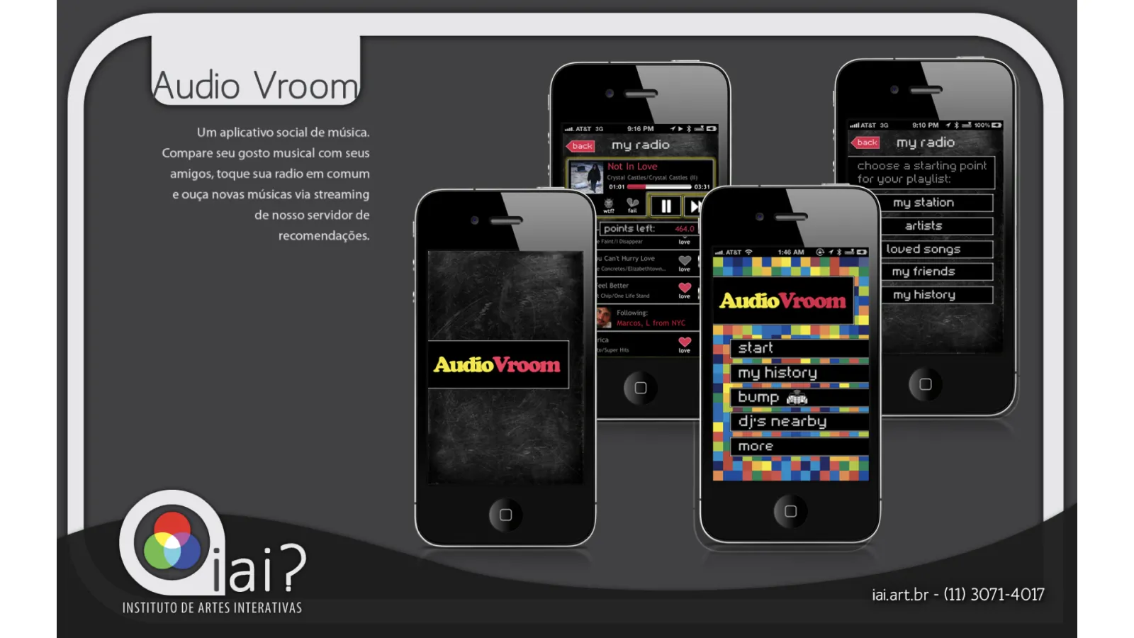 Audio Vroom social music app portfolio slide with iAi? branding showing radio streaming and music recommendation features.