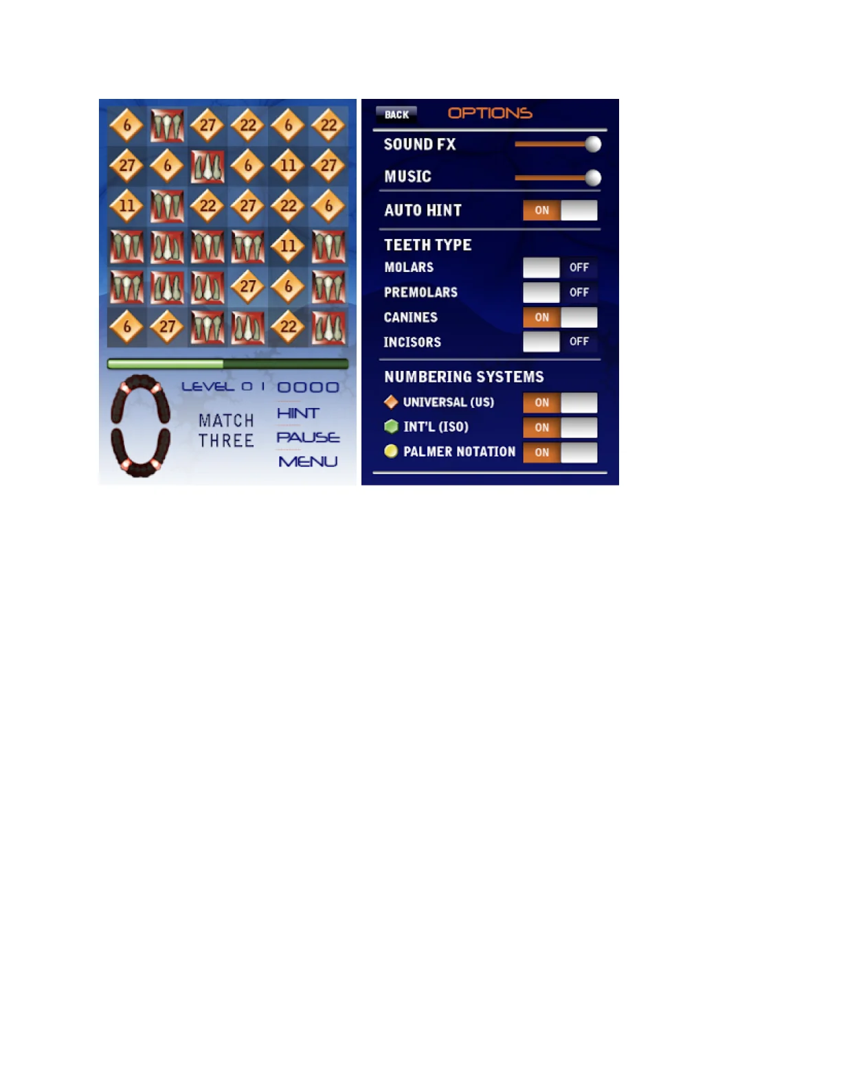 Dental match-three puzzle game with tooth identification options and numbering systems.