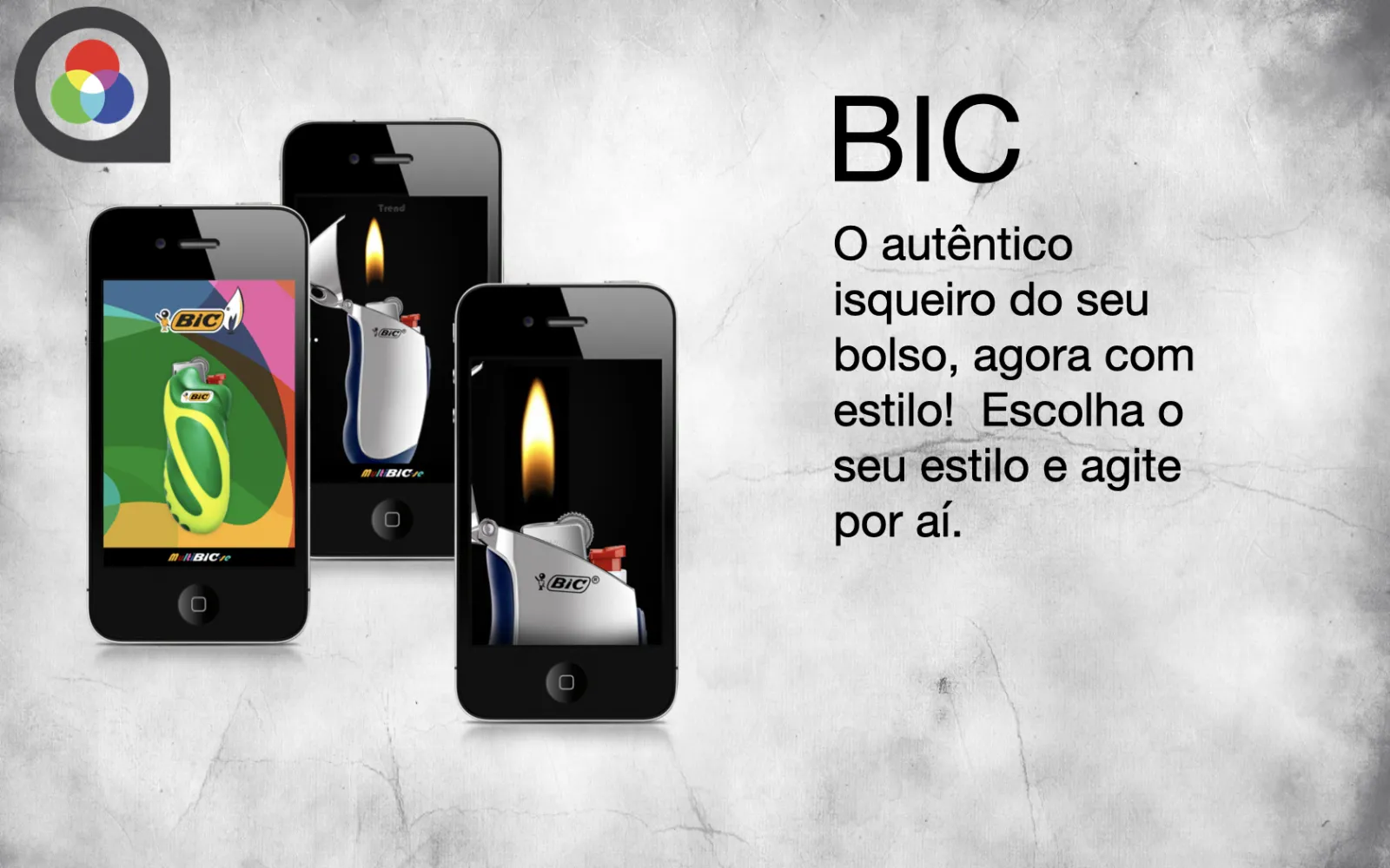 Portfolio slide for the BIC lighter app showing multiple iPhone screens with virtual lighter flames and customizable styles.