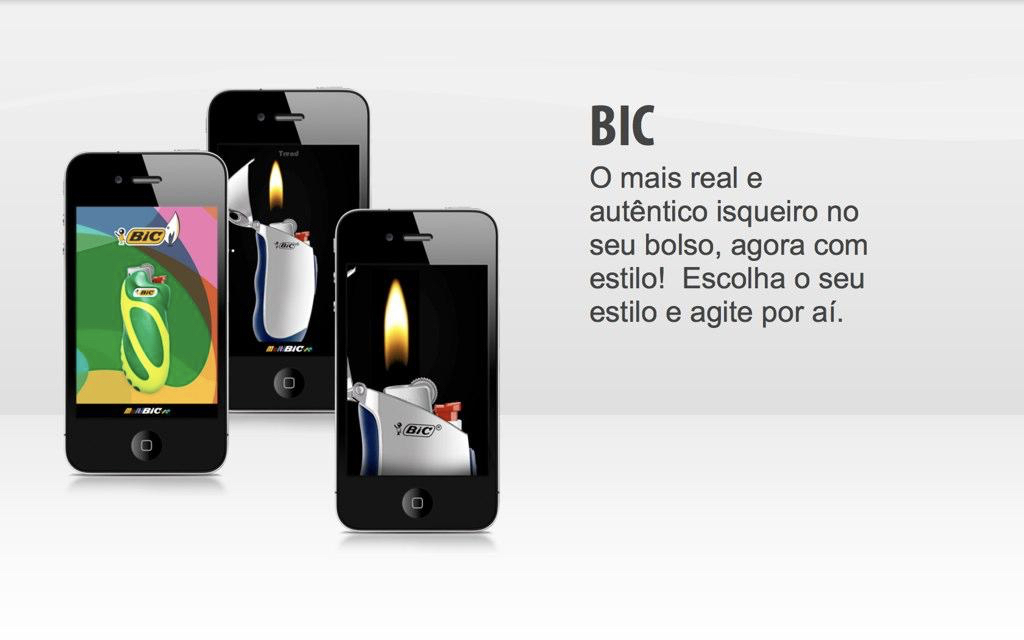 BIC lighter app shown on three iPhones with realistic virtual lighter flames and customizable styles.