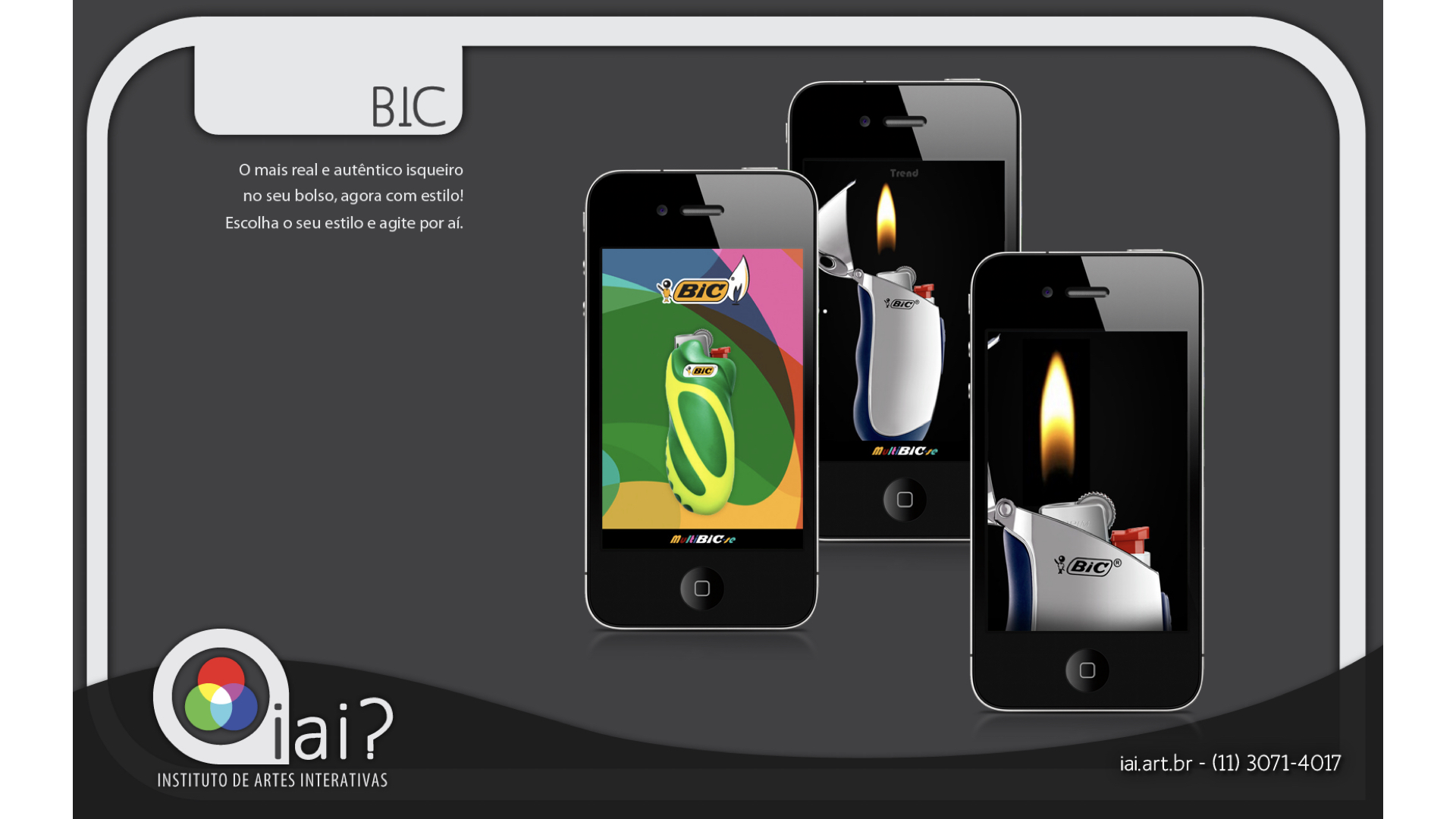 BIC lighter iPhone app portfolio slide with iAi? branding showing virtual lighter simulation with realistic flame effects.