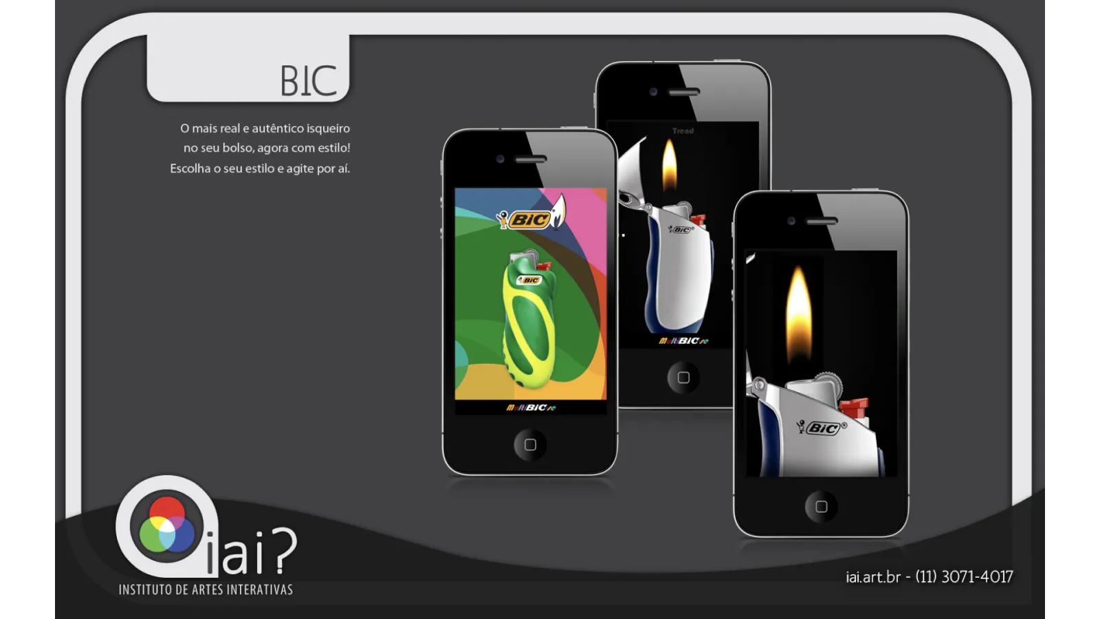 BIC lighter iPhone app portfolio slide with iAi? branding showing virtual lighter simulation with realistic flame effects.