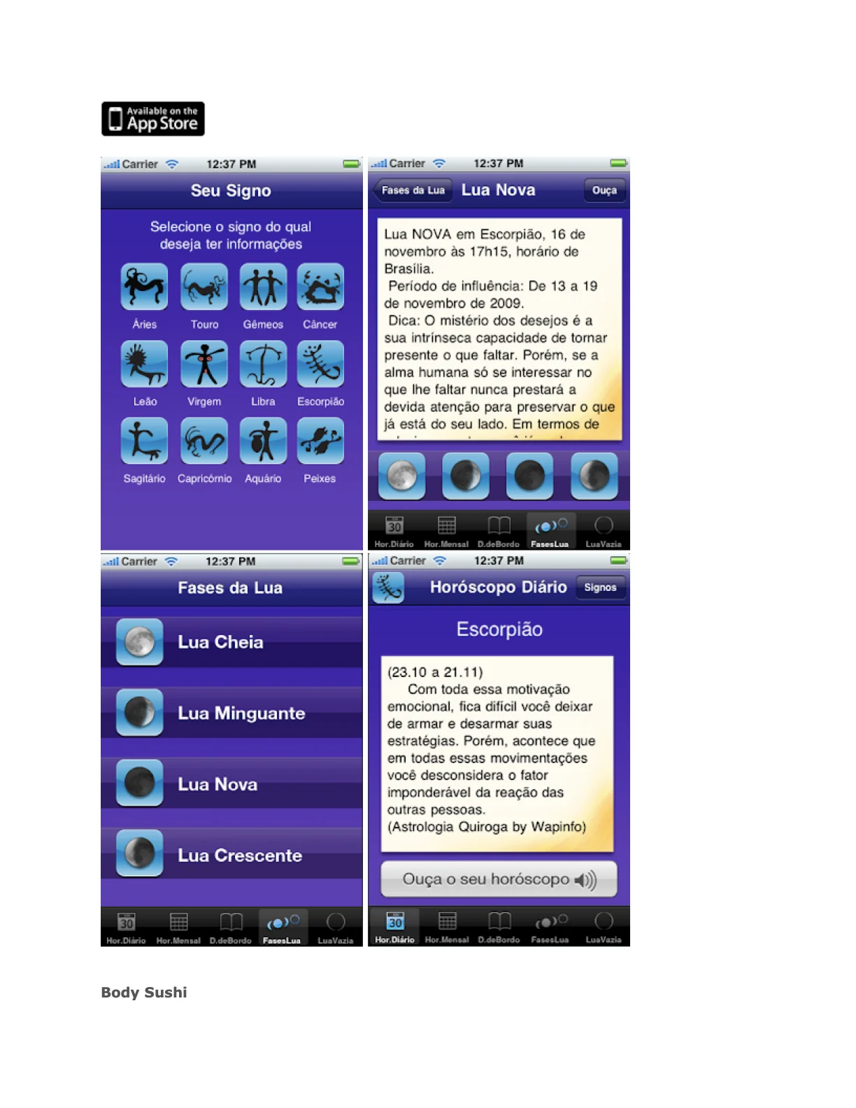 Body Sushi horoscope and astrology iPhone app showing zodiac signs, moon phases, and daily horoscope.