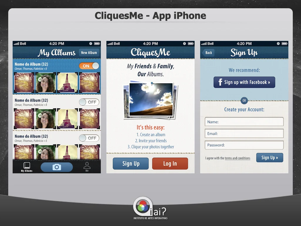 Screenshots of the CliquesMe iPhone photo-sharing app showing album management, welcome screen, and sign-up flow.
