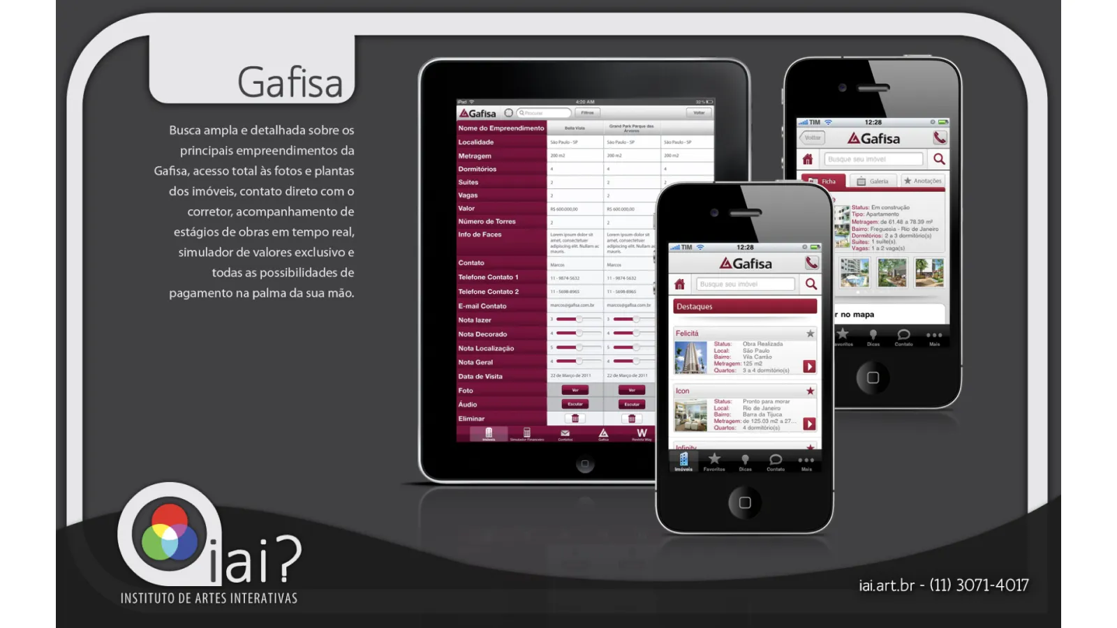 Gafisa real estate app portfolio slide showing iPad and iPhone interfaces for property search, details, and listings by iAi?.