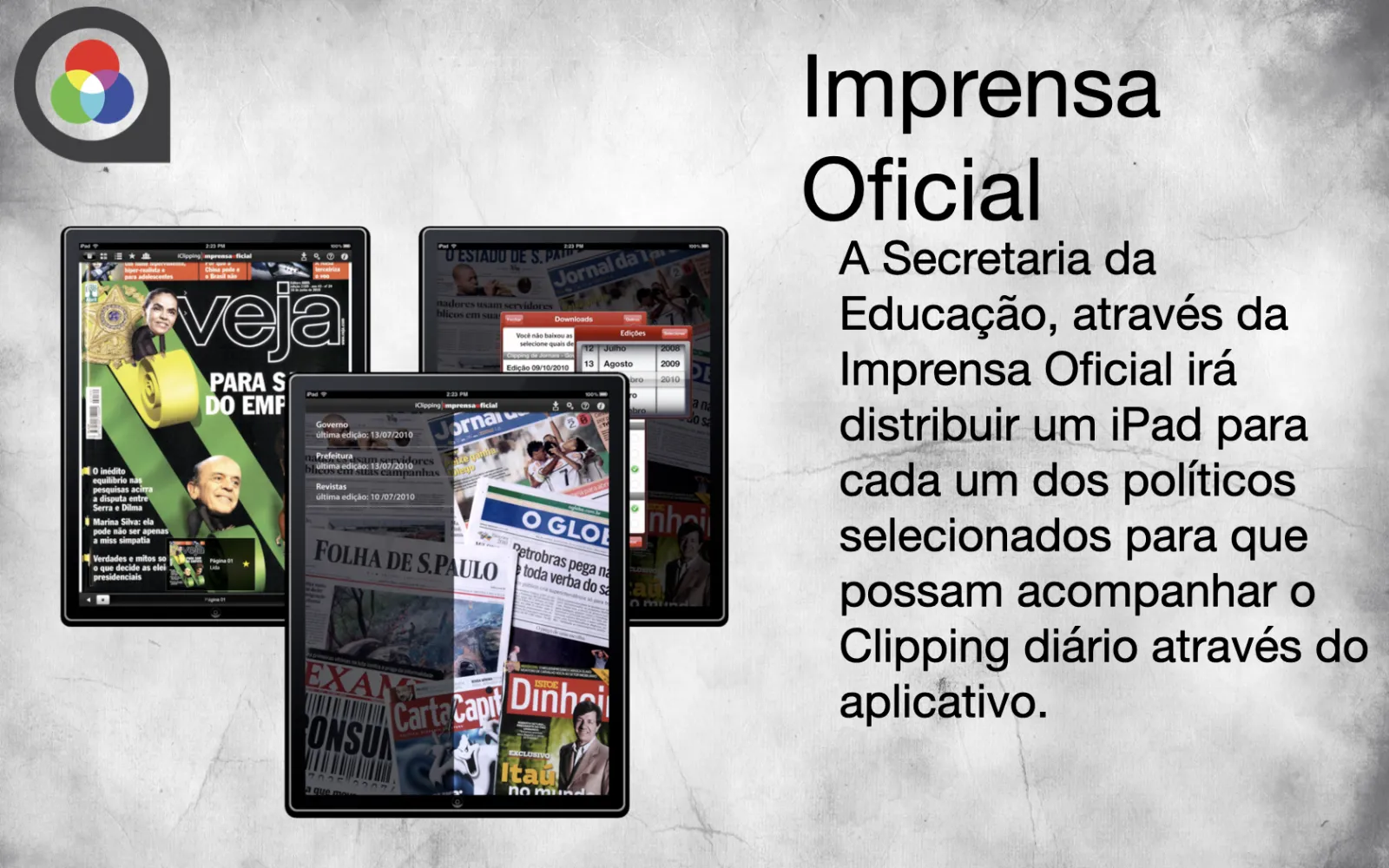 Portfolio slide for the Imprensa Oficial news clipping app on iPad showing newspaper front pages for government officials.
