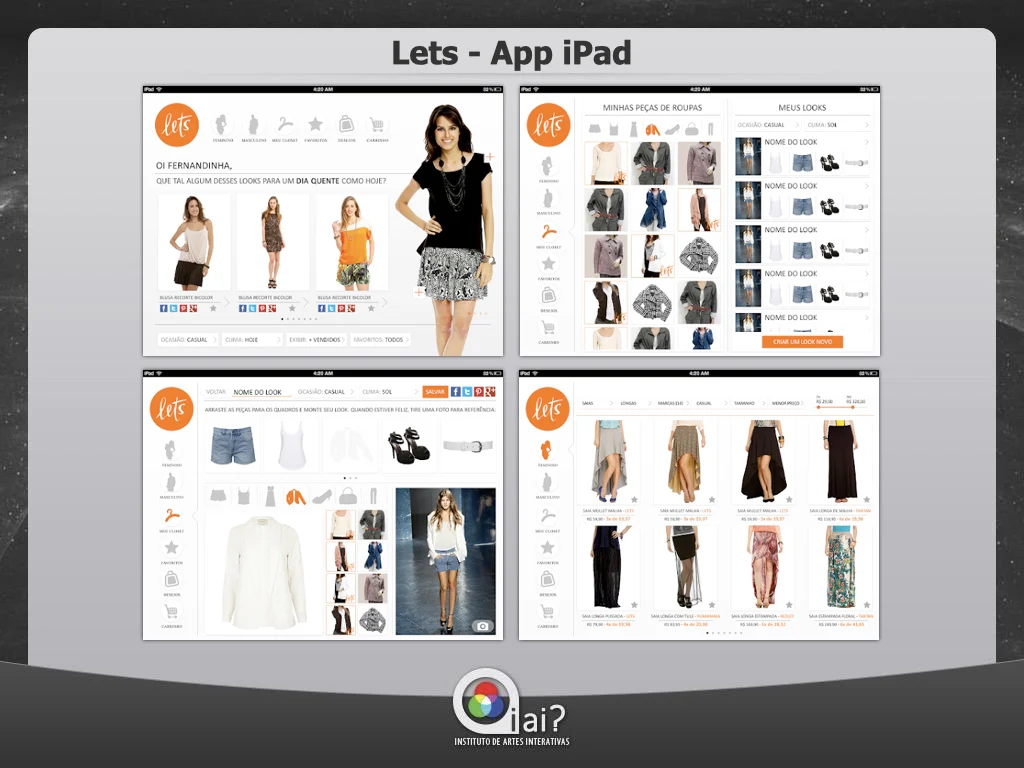 Portfolio slide showing four iPad screens of the 'Lets' fashion app with outfit recommendations, wardrobe management, and shopping features.