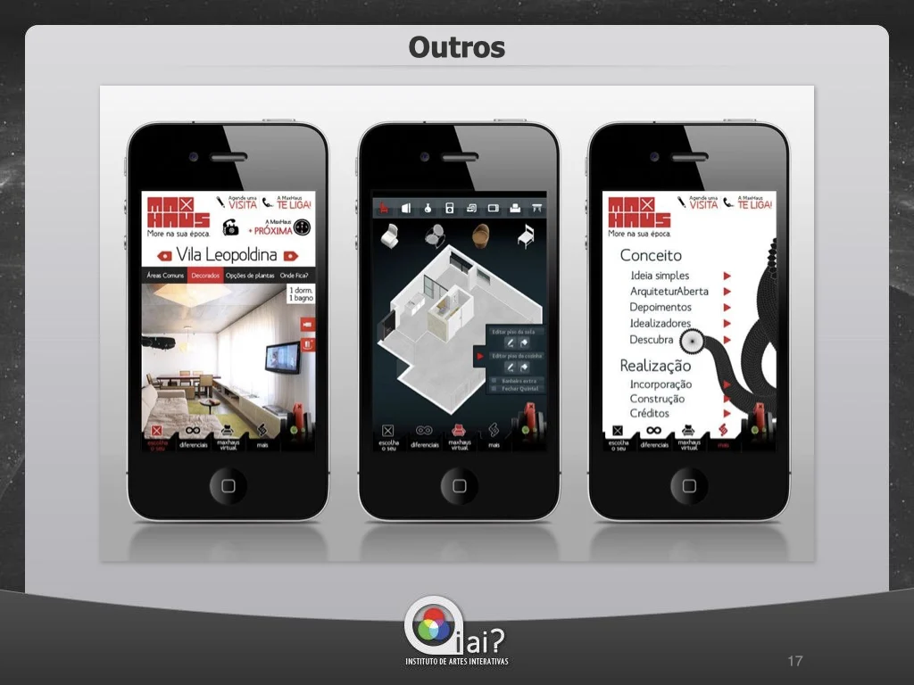 Portfolio slide titled 'Outros' showing MaxHaus real estate app screenshots on three iPhones