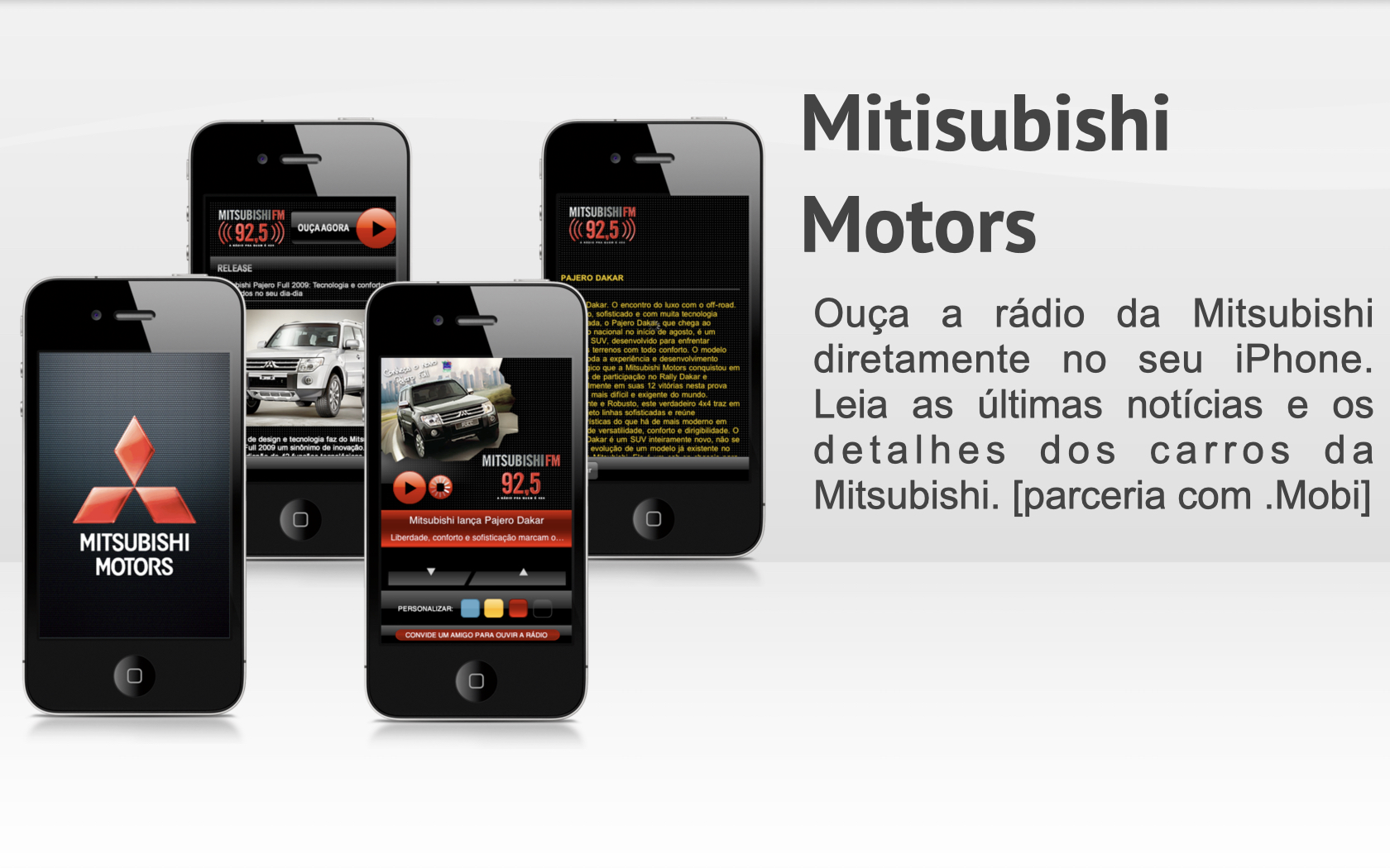 Mitsubishi Motors iPhone app showcasing FM 92.5 radio, vehicle news, and Pajero Dakar content in widescreen layout.