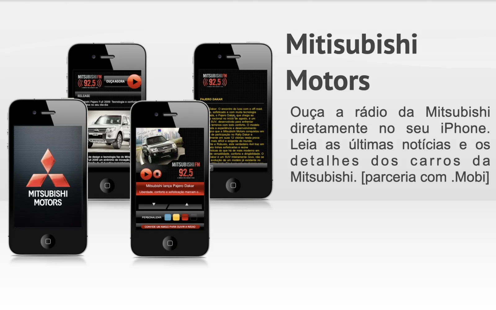Mitsubishi Motors iPhone app showcasing FM 92.5 radio, vehicle news, and Pajero Dakar content in widescreen layout.