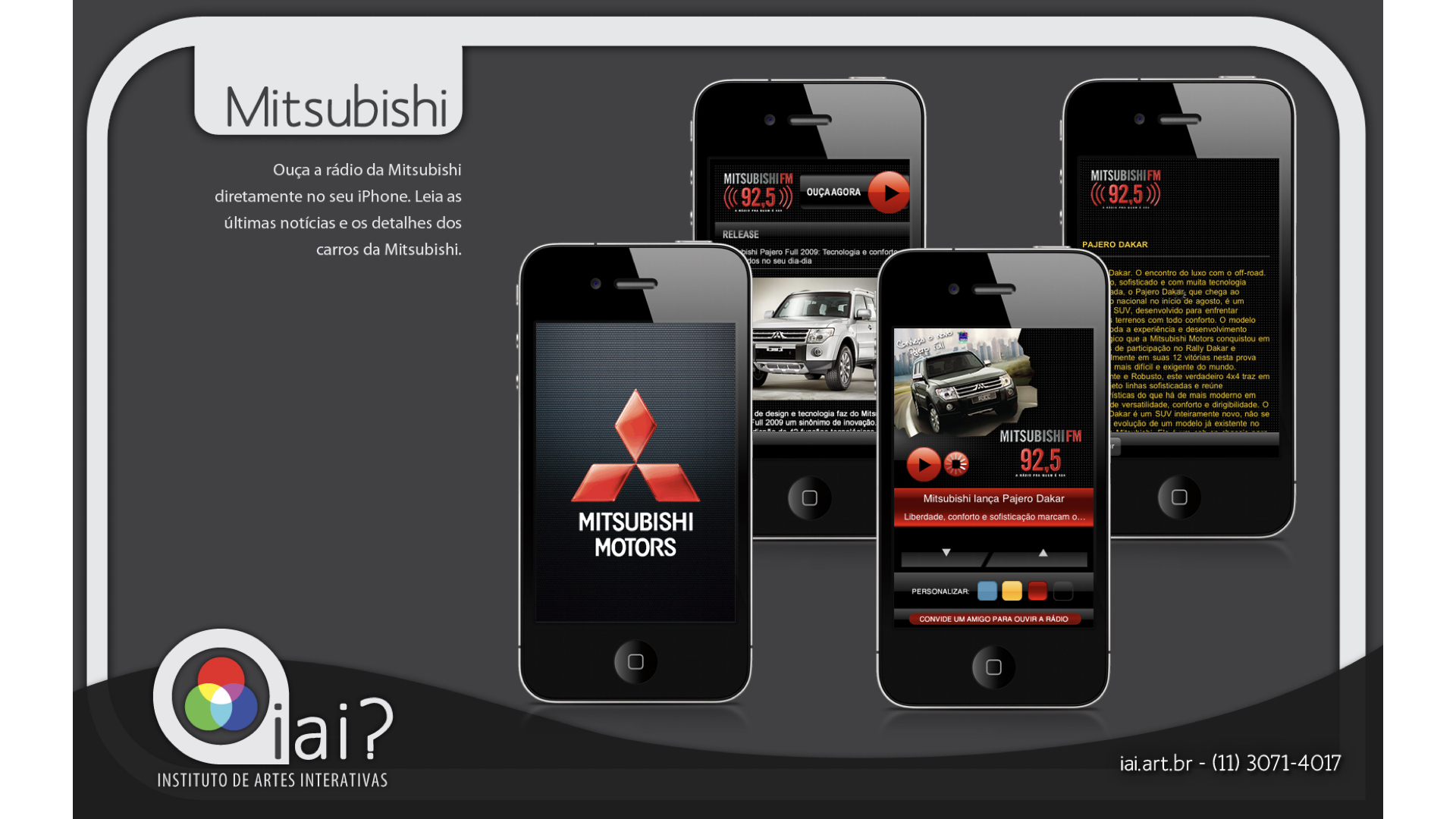 Mitsubishi Motors iPhone app portfolio slide with iAi? branding showing FM radio, car news, and Pajero Dakar content.
