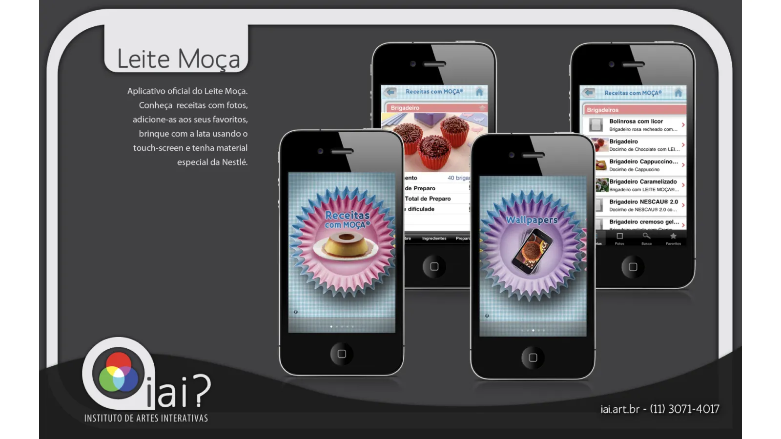 Leite Moca (Nestle) recipe app portfolio slide by iAi? showing iPhone screens with recipes, ingredients, and wallpapers.