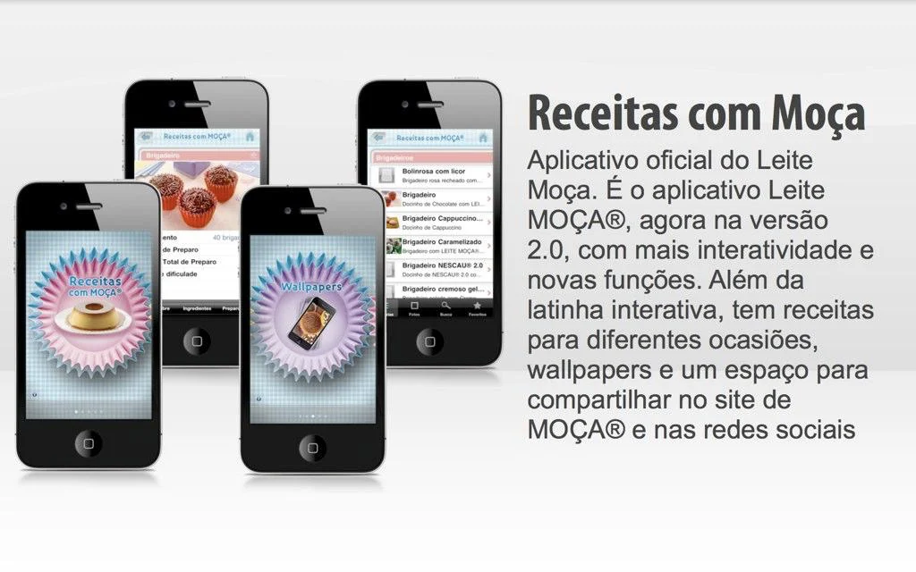 Receitas com Moça (Nestlé Leite Moça) iPhone app version 2.0 with interactive recipes and wallpapers.