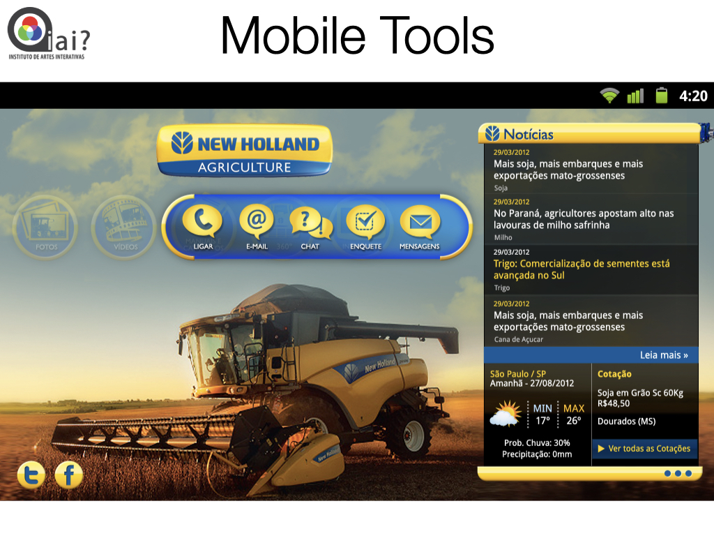 iAi? slide titled 'Mobile Tools' showing New Holland Agriculture tablet app with news, weather, and crop commodity prices.