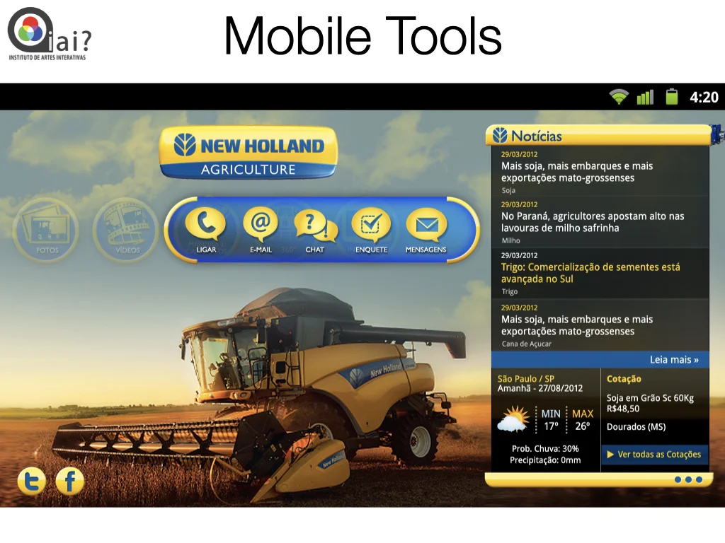 iAi? slide titled 'Mobile Tools' showing New Holland Agriculture tablet app with news, weather, and crop commodity prices.