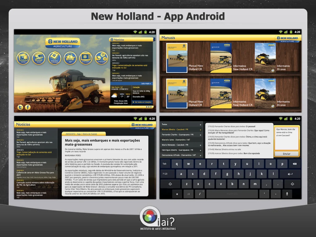 New Holland Android tablet app detailed view showing news articles, manuals, weather, and chat features with iAi? branding.