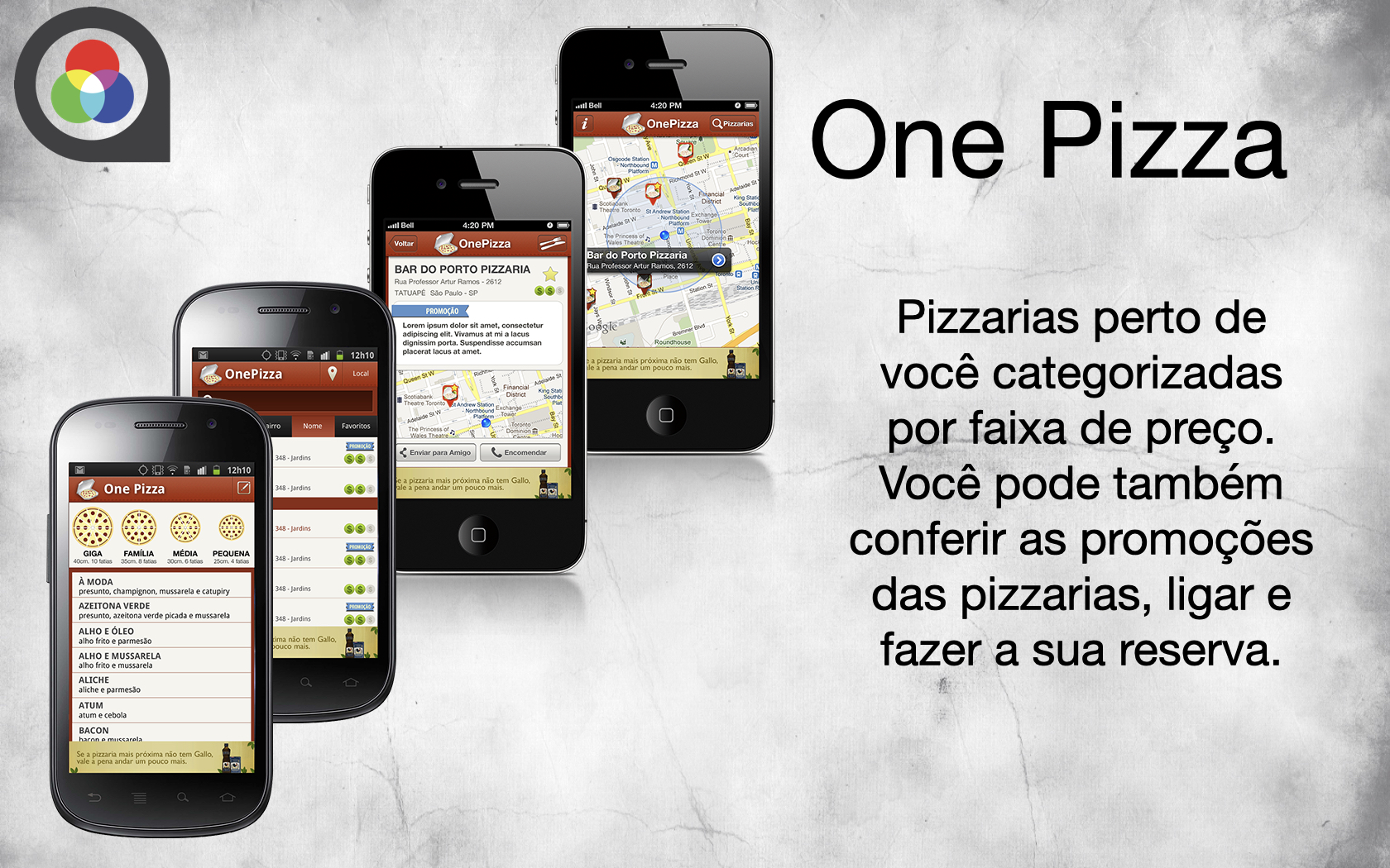 Showcase of One Pizza app for finding nearby pizzerias by price range with promotions, calling, and reservation features.