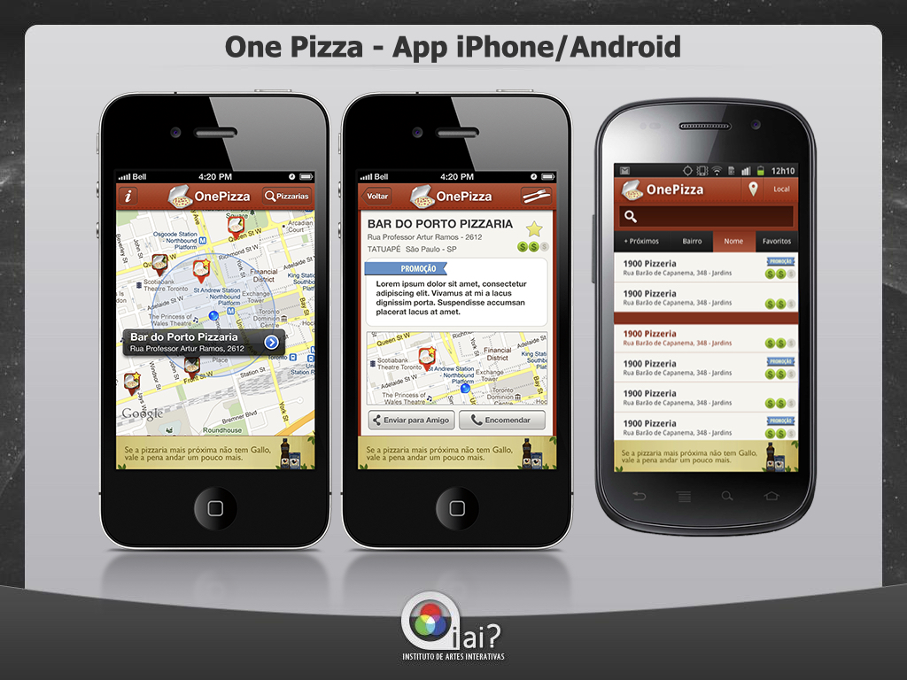 One Pizza app shown on iPhone and Android with pizzeria map, restaurant details, and listing features, branded with iAi? logo.
