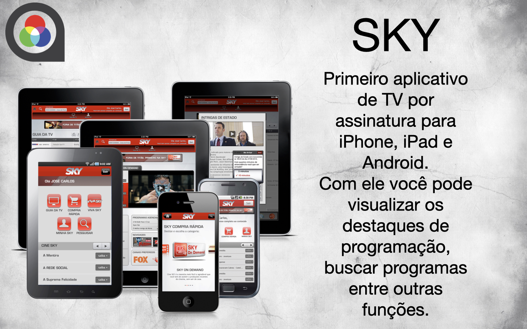 Portfolio slide for the SKY TV app, the first subscription TV app for iPhone, iPad, and Android with programming guides.