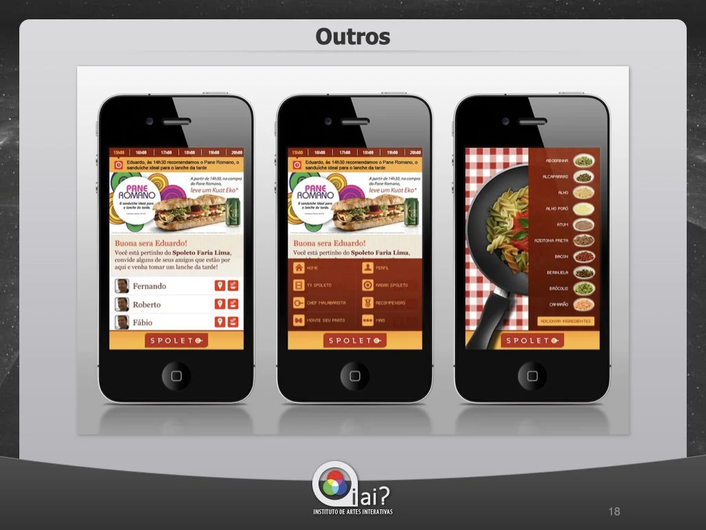 Spoleto restaurant iPhone app showing promotions, friend invitations, and interactive ingredient selection with iAi? branding.