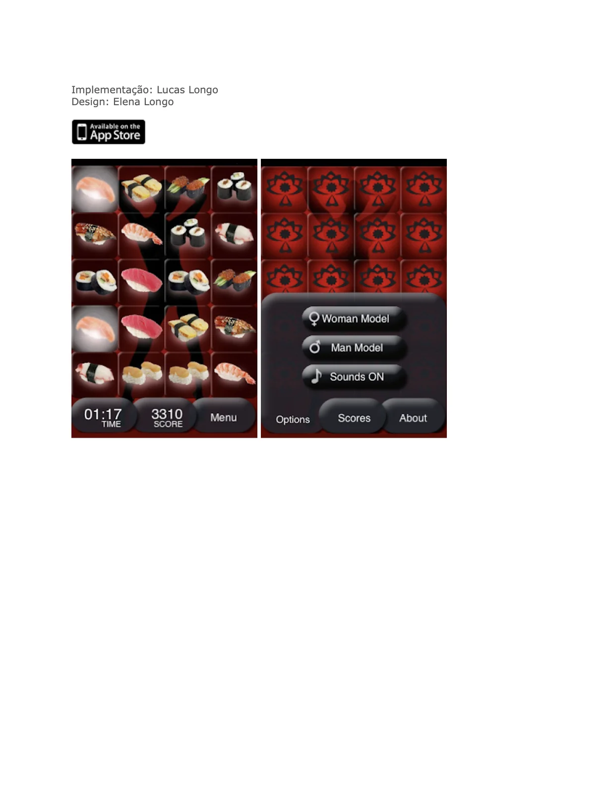 Sushi matching game app with timer, scoring, and model selection options, by Lucas and Elena Longo.