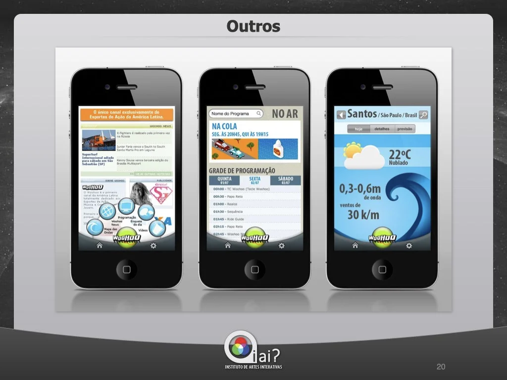 WooHoo action sports channel iPhone app with programming guide, news, and Santos weather forecast with iAi? branding.