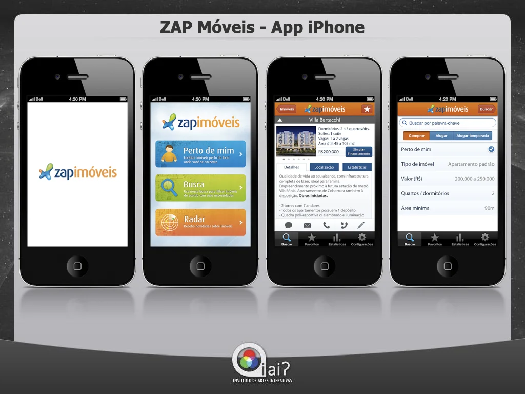 ZAP Imoveis iPhone app screens showing real estate search, property listings, and filter options, branded with iAi? logo.